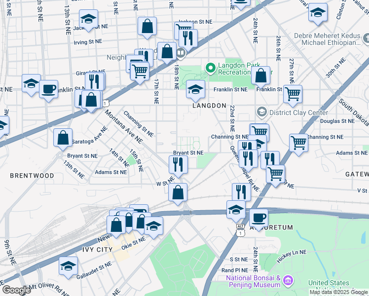 map of restaurants, bars, coffee shops, grocery stores, and more near 1822 Bryant Street Northeast in Washington