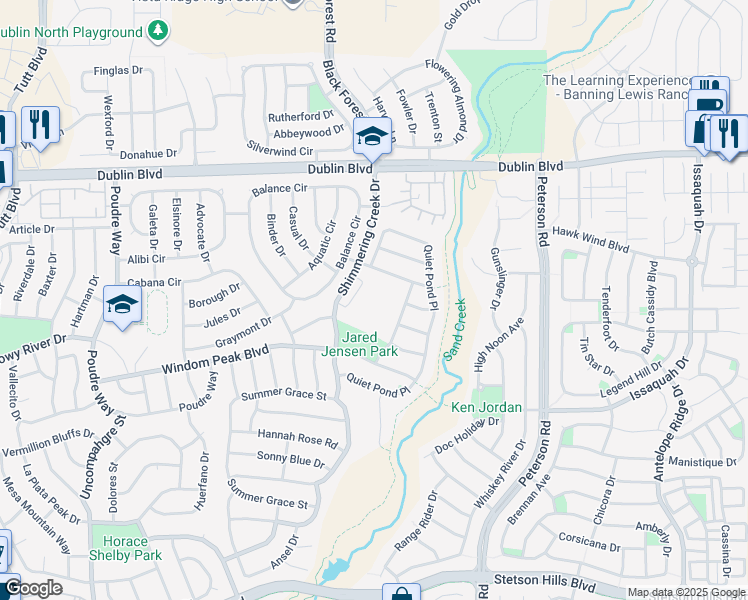 map of restaurants, bars, coffee shops, grocery stores, and more near 6573 Shimmering Creek Drive in Colorado Springs