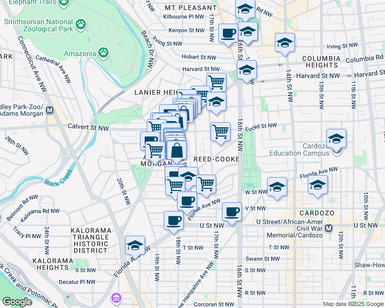 map of restaurants, bars, coffee shops, grocery stores, and more near 2434 Ontario Road Northwest in Washington