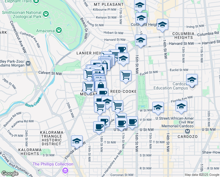 map of restaurants, bars, coffee shops, grocery stores, and more near 2434 Ontario Road Northwest in Washington