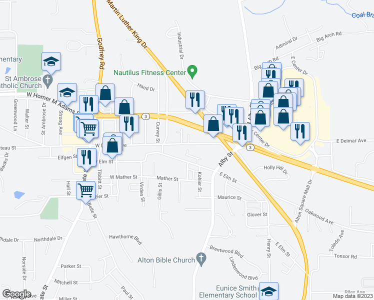 map of restaurants, bars, coffee shops, grocery stores, and more near 1 West Delmar Avenue in Alton