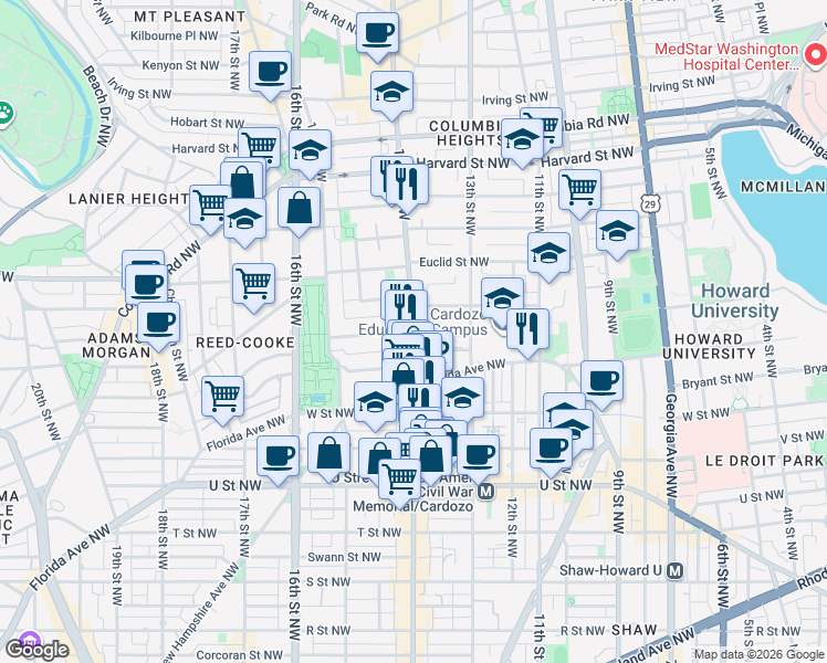 map of restaurants, bars, coffee shops, grocery stores, and more near 14th St NW & Chapin St NW in Washington