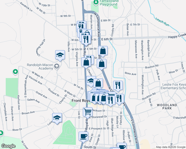 map of restaurants, bars, coffee shops, grocery stores, and more near 240 Warren Avenue in Front Royal