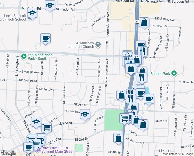 map of restaurants, bars, coffee shops, grocery stores, and more near 512 Northeast Corder Street in Lee's Summit