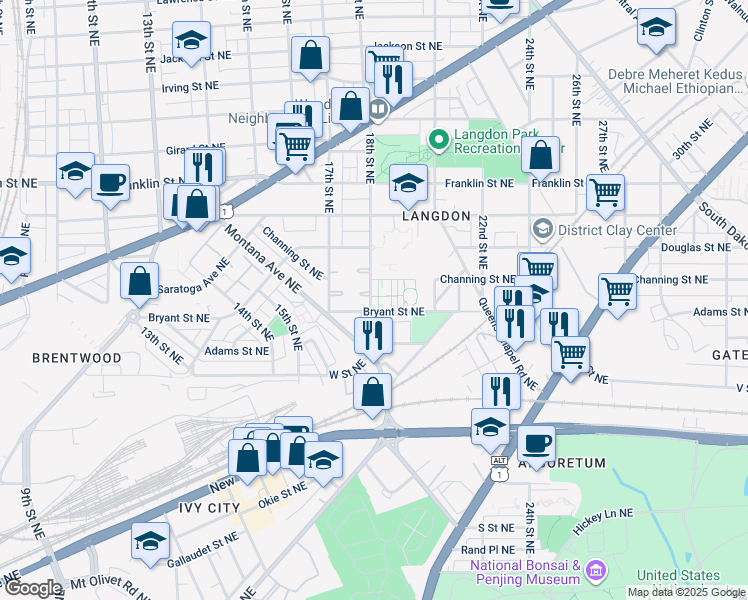 map of restaurants, bars, coffee shops, grocery stores, and more near 2411 18th Street Northeast in Washington