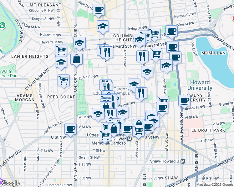 map of restaurants, bars, coffee shops, grocery stores, and more near 1312 Clifton Street Northwest in Washington
