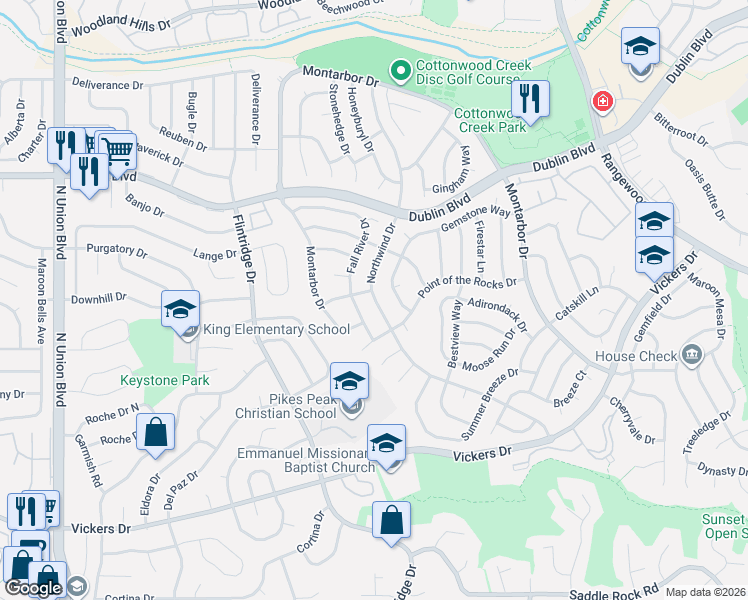 map of restaurants, bars, coffee shops, grocery stores, and more near 6275 Northwind Drive in Colorado Springs