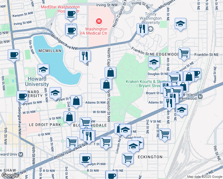 map of restaurants, bars, coffee shops, grocery stores, and more near 101 Independence Avenue Southeast in Washington