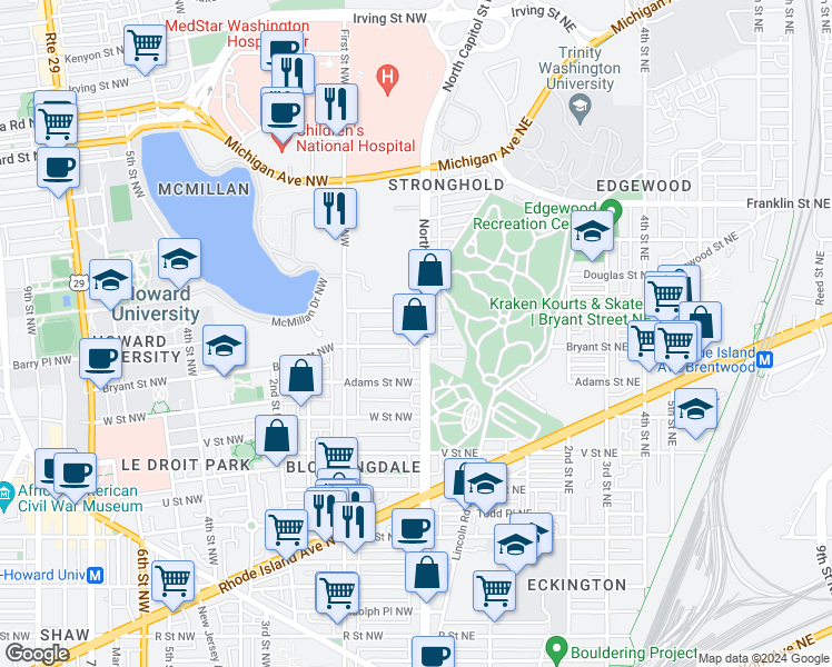 map of restaurants, bars, coffee shops, grocery stores, and more near 101 Independence Avenue Southeast in Washington