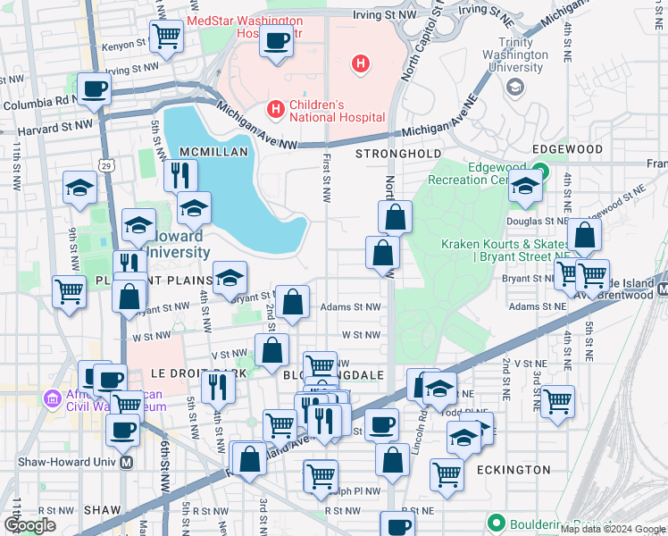 map of restaurants, bars, coffee shops, grocery stores, and more near 101 Independence Avenue Southeast in Washington