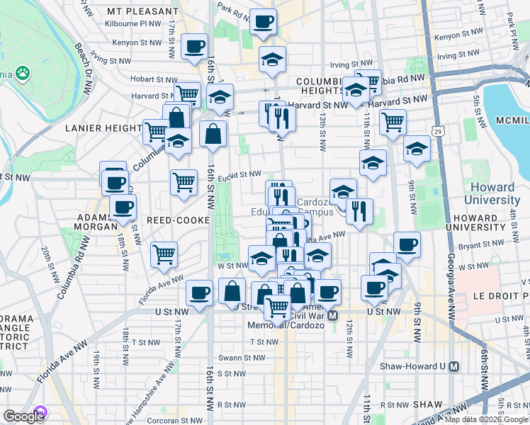 map of restaurants, bars, coffee shops, grocery stores, and more near 101 Independence Avenue Southeast in Washington
