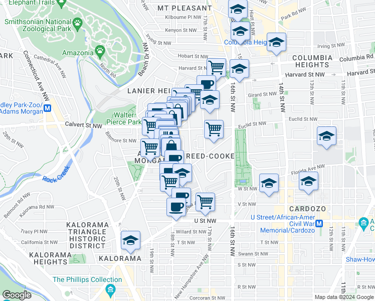map of restaurants, bars, coffee shops, grocery stores, and more near 2440 Ontario Road Northwest in Washington