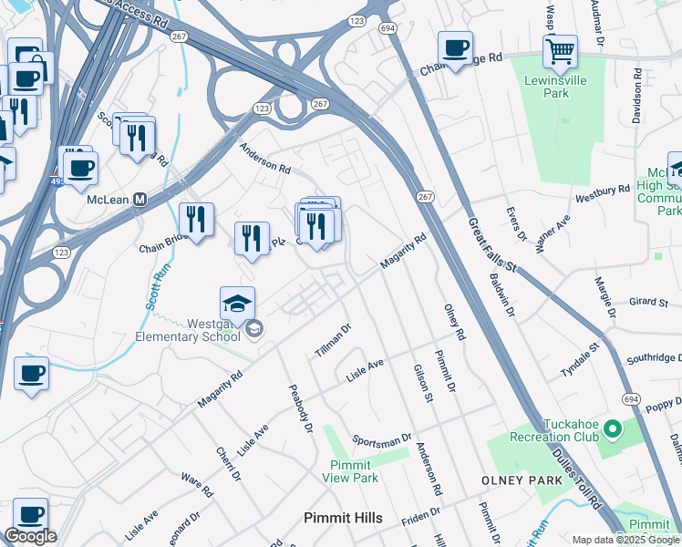 map of restaurants, bars, coffee shops, grocery stores, and more near 1710 Anderson Road in Tysons