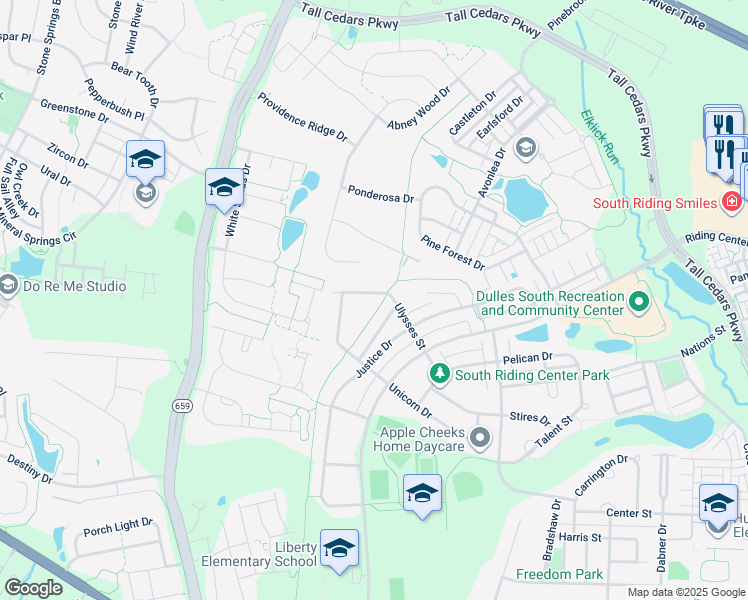 map of restaurants, bars, coffee shops, grocery stores, and more near 25128 Fortitude Terrace in Chantilly
