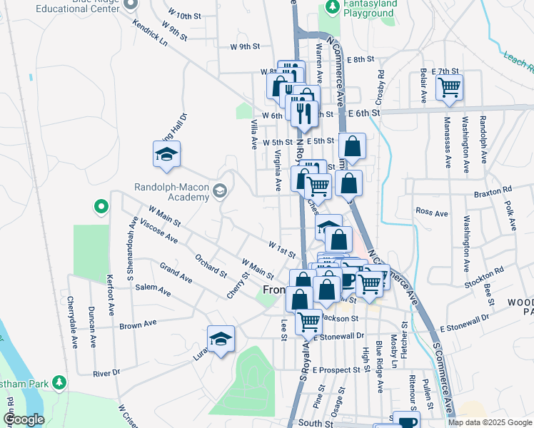 map of restaurants, bars, coffee shops, grocery stores, and more near 101 Academy Drive in Front Royal