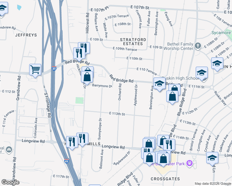 map of restaurants, bars, coffee shops, grocery stores, and more near 6007 Barrymore Drive in Kansas City