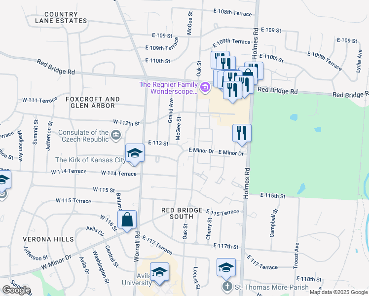 map of restaurants, bars, coffee shops, grocery stores, and more near 11241 Mc Gee Street in Kansas City