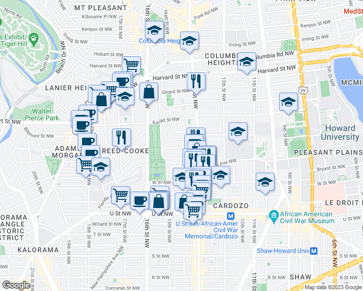 map of restaurants, bars, coffee shops, grocery stores, and more near 1447 Chapin Street Northwest in Washington