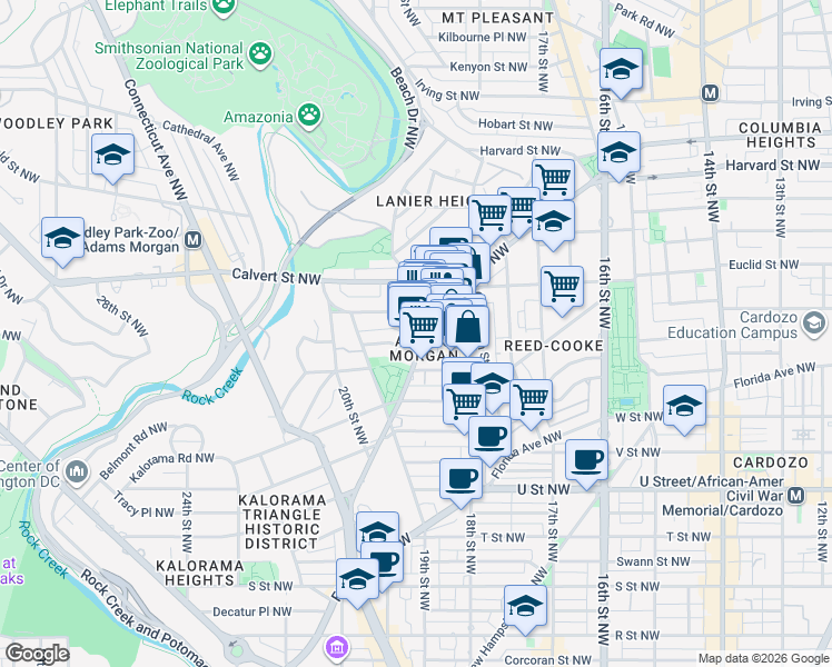 map of restaurants, bars, coffee shops, grocery stores, and more near 1831 Columbia Road Northwest in Washington