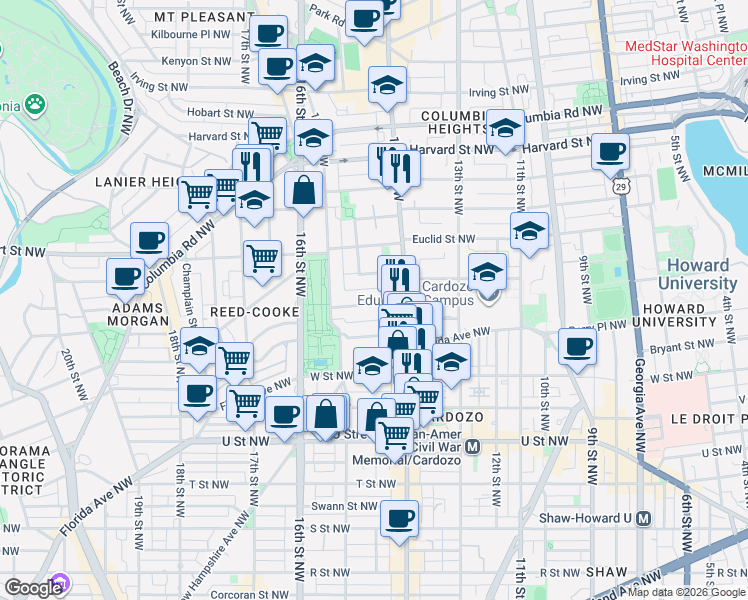 map of restaurants, bars, coffee shops, grocery stores, and more near 101 Independence Avenue Southeast in Washington