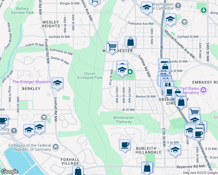 map of restaurants, bars, coffee shops, grocery stores, and more near 2324 41st Street Northwest in Washington