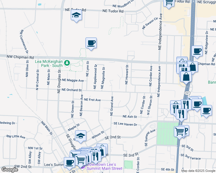 map of restaurants, bars, coffee shops, grocery stores, and more near 506 Northeast Weathervane Street in Lee's Summit