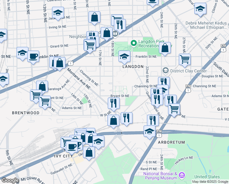 map of restaurants, bars, coffee shops, grocery stores, and more near 2415 18th Street Northeast in Washington