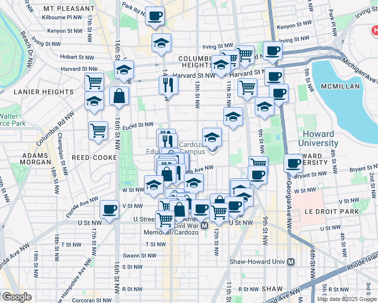 map of restaurants, bars, coffee shops, grocery stores, and more near 1308 Clifton Street Northwest in Washington