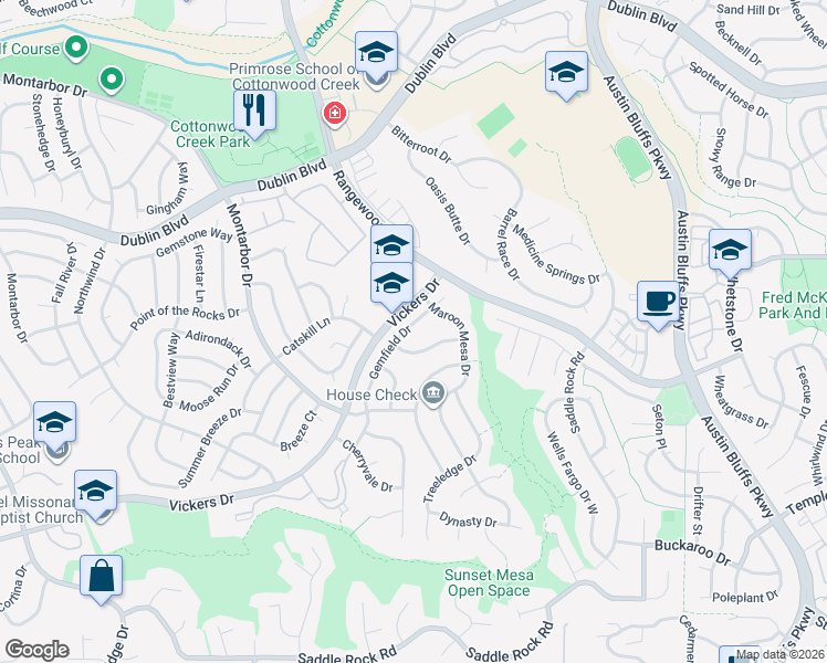 map of restaurants, bars, coffee shops, grocery stores, and more near 6428 Gemfield Drive in Colorado Springs