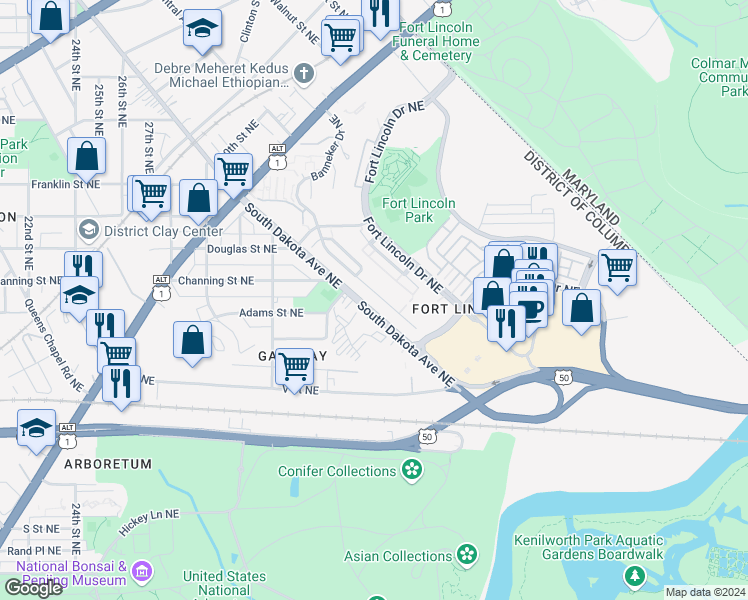 map of restaurants, bars, coffee shops, grocery stores, and more near 3272 Theodore R Hagans Drive Northeast in Washington