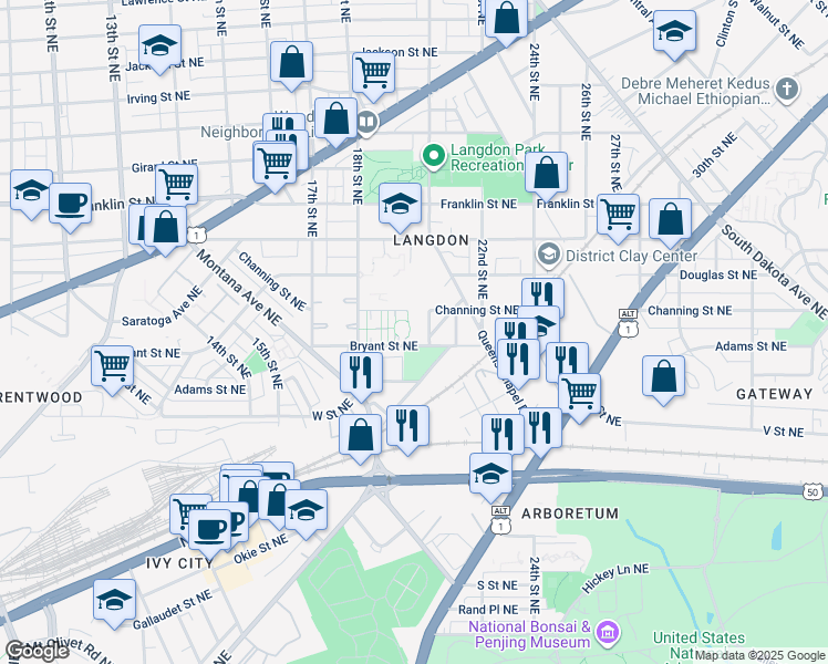 map of restaurants, bars, coffee shops, grocery stores, and more near 1864 Bryant Street Northeast in Washington
