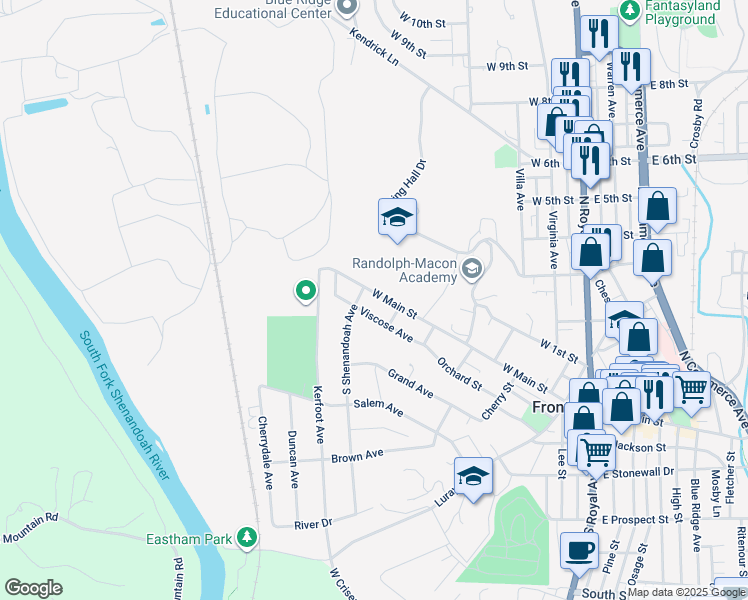 map of restaurants, bars, coffee shops, grocery stores, and more near 518 West Main Street in Front Royal