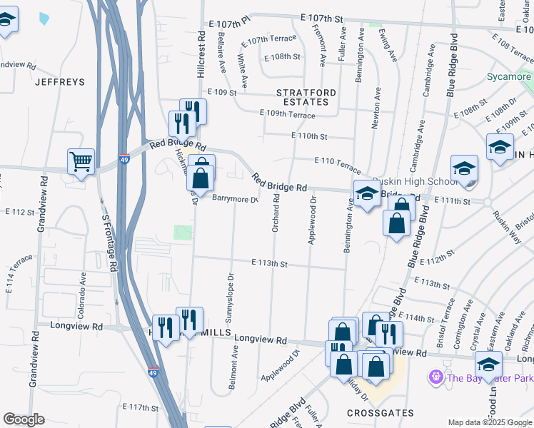 map of restaurants, bars, coffee shops, grocery stores, and more near 6007 Barrymore Drive in Kansas City
