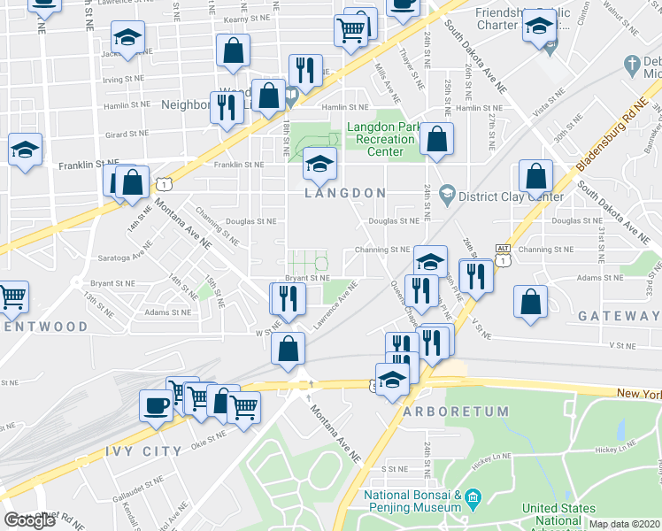 map of restaurants, bars, coffee shops, grocery stores, and more near 1864 Bryant Street Northeast in Washington
