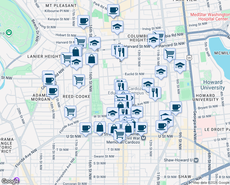 map of restaurants, bars, coffee shops, grocery stores, and more near 1421 Chapin Street Northwest in Washington