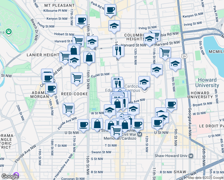 map of restaurants, bars, coffee shops, grocery stores, and more near 1421 Chapin Street Northwest in Washington