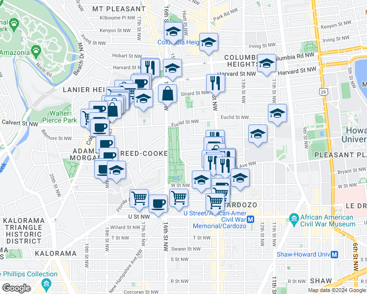 map of restaurants, bars, coffee shops, grocery stores, and more near 2401 15th Street Northwest in Washington