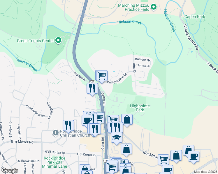 map of restaurants, bars, coffee shops, grocery stores, and more near 302 Campusview Drive in Columbia