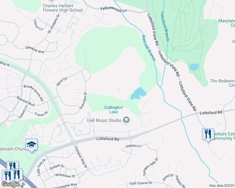 map of restaurants, bars, coffee shops, grocery stores, and more near 10450 Lottsford Road in Mitchellville