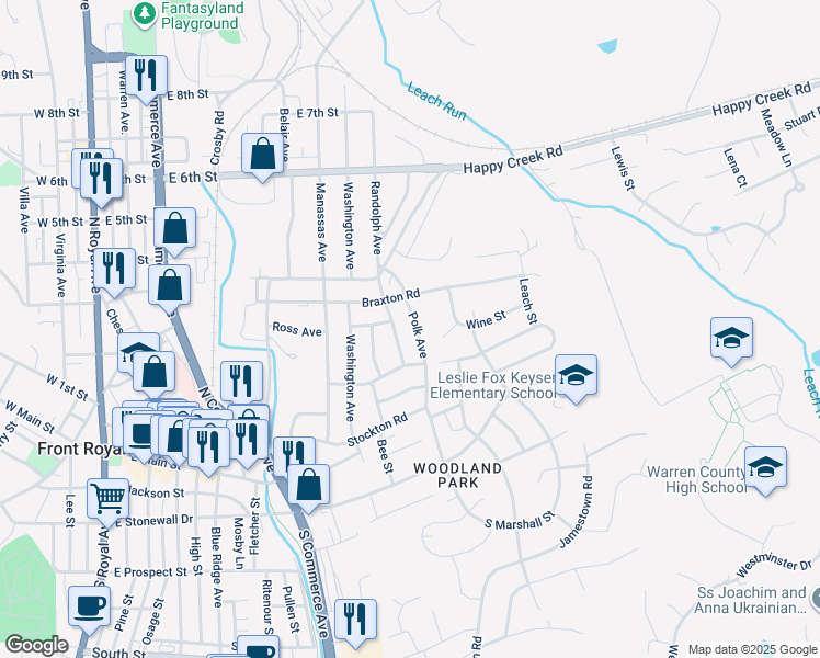 map of restaurants, bars, coffee shops, grocery stores, and more near 222 Polk Avenue in Front Royal