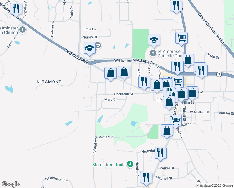 map of restaurants, bars, coffee shops, grocery stores, and more near 858 Chouteau Street in Godfrey