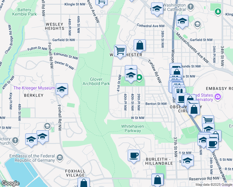 map of restaurants, bars, coffee shops, grocery stores, and more near 2400 41st Street Northwest in Washington