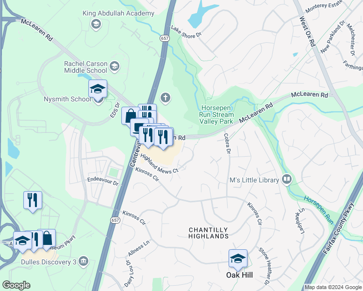 map of restaurants, bars, coffee shops, grocery stores, and more near 3010 McMaster Court in Herndon