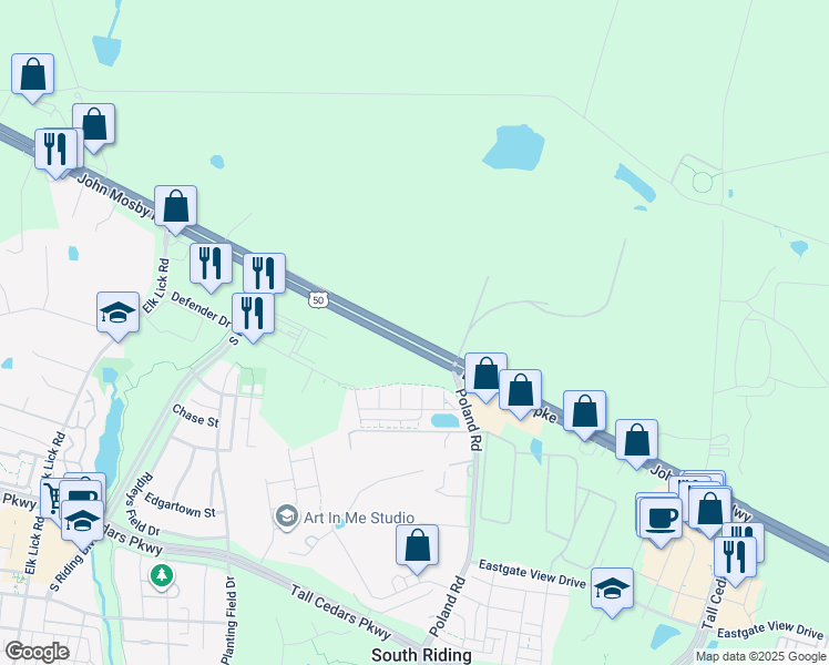 map of restaurants, bars, coffee shops, grocery stores, and more near 43360 John Mosby Highway in Chantilly
