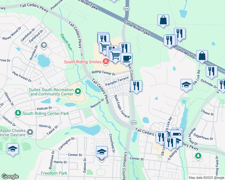 map of restaurants, bars, coffee shops, grocery stores, and more near 25155 Mcbryde Terrace in Chantilly