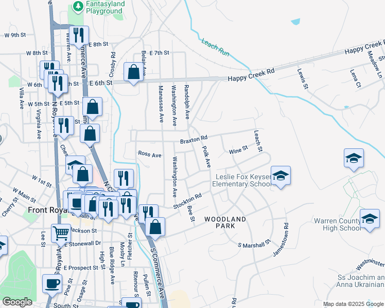 map of restaurants, bars, coffee shops, grocery stores, and more near 715 Ross Avenue in Front Royal