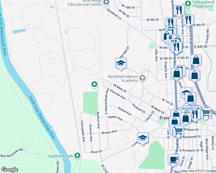 map of restaurants, bars, coffee shops, grocery stores, and more near 603 Viscose Avenue in Front Royal