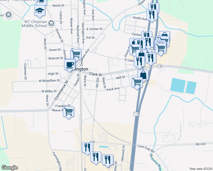map of restaurants, bars, coffee shops, grocery stores, and more near 28 Reed Street in Harrington