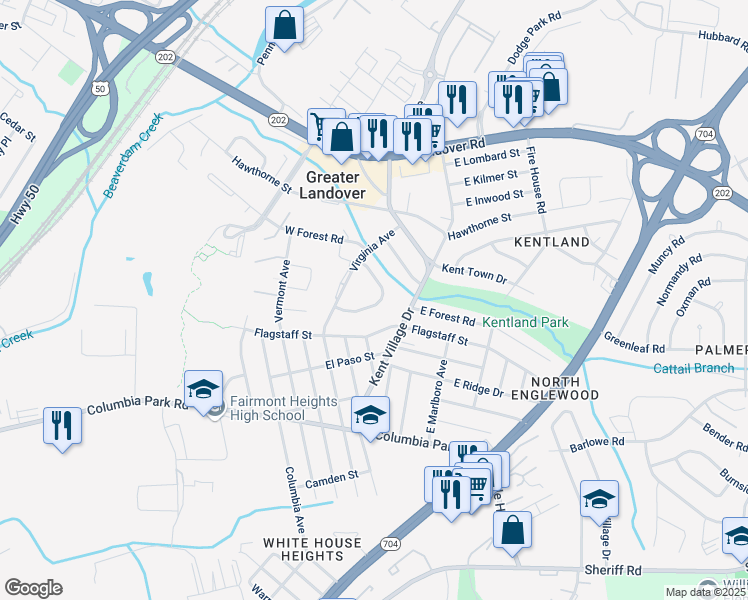 map of restaurants, bars, coffee shops, grocery stores, and more near 6840 Forest Terrace in Greater Landover