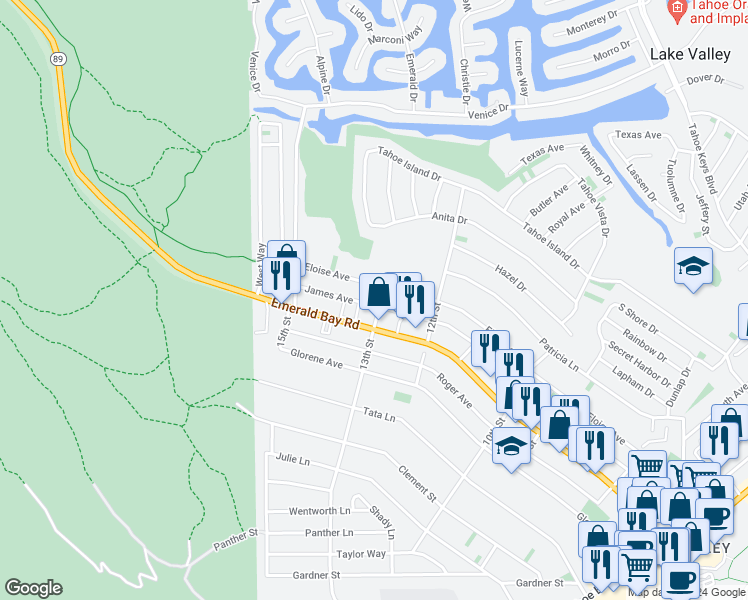map of restaurants, bars, coffee shops, grocery stores, and more near 2036 13th Street in South Lake Tahoe